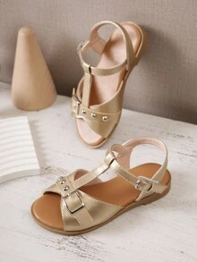 兒童鞋,女童夏季休閒金色平底涼鞋 - 金色 - 查看 1