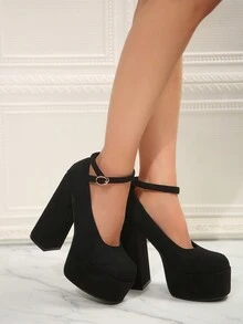 女仙女風高跟鞋防水台麂皮厚底瑪莉珍粗跟高跟鞋春秋鞋 - 黑色 - 查看 5