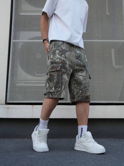 Manfinity EMRG Men's Cargo Denim Shorts With Pockets, Green Baggy Camo Cargo Denim Shorts Jorts, For Husband, Boyfriend Gifts Going Out Hang Out Commute Vacation Street