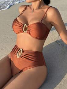 SHEIN Swim Bộ đồ bơi bikini màu trơn dành cho nữ đi biển mùa hè với bộ đồ tắm có chi tiết xếp nếp - màu nâu - Xem 1