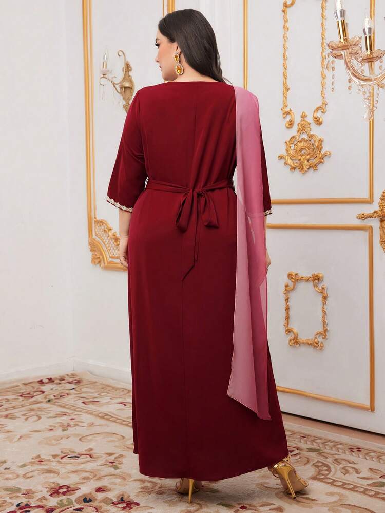 Burgundy Red Plus Size Gradient Wrap Dress Long Evening Dresses