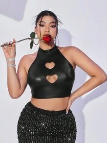 SHEIN ICON Y2k 大尺碼女款 Pu 皮革掛脖鏤空心黑色短版女款上衣 - 黑色 - 查看 1