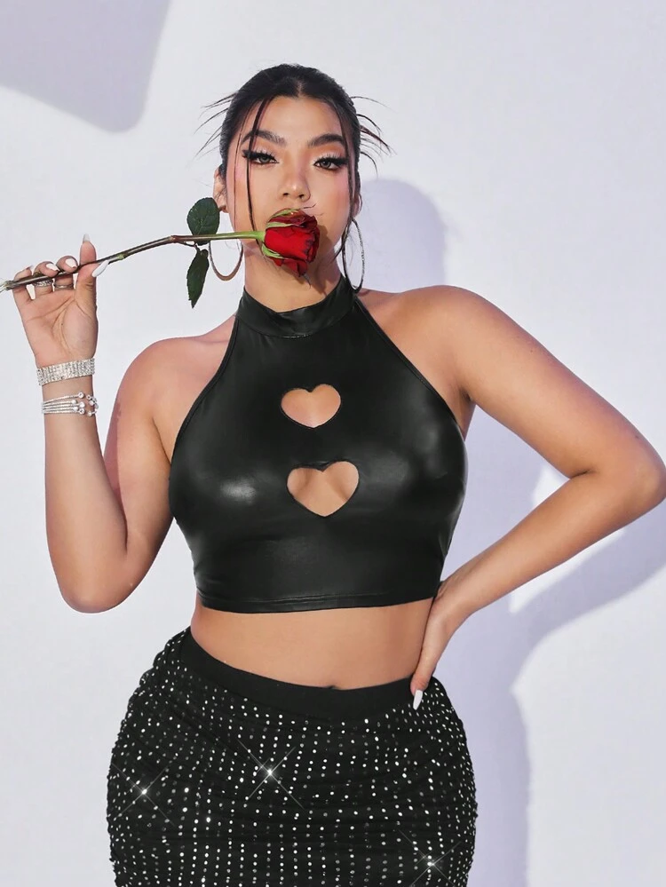 Y2k Plus Size Women'S Pu Leather Halter Neck Hollow Out Heart Black Crop Women Top
