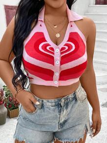 SHEIN Unity Plus Size Women's Heart Pattern Halterneck Knitted Top - Multicolor - View 3