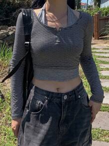 DAZY 女式条纹二合一露背T恤透明长袖女式上衣 - 黑色 - 查看 1