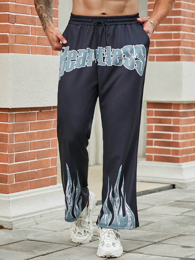 Men's Plus Size Letter & Flame Printed Drawstring Waist Sweatpants