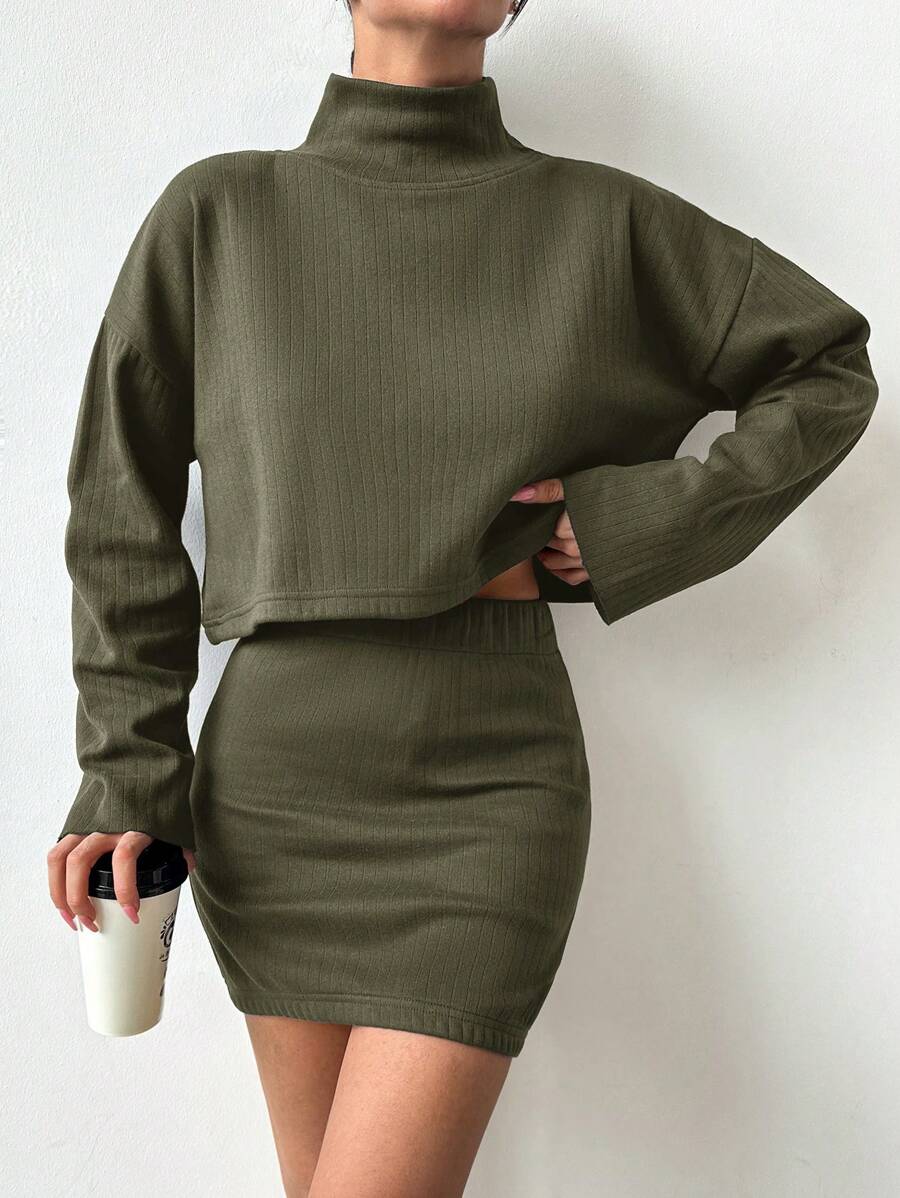 SHEIN Cottnline Turtleneck Ribbed Stripe Knit Long Sleeve Top + Mini Skirt Two Piece Set - Black - View 1