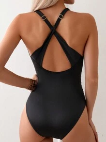 SHEIN Swim Summer Beach Women's Solid-Color Tummy Control Ruched One-Piece Swimsuit Carnival - Black - View 2