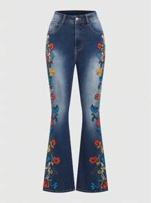 ROMWE Fairycore 花卉刺繡洗水喇叭牛仔褲 - 藍色 - 查看 1