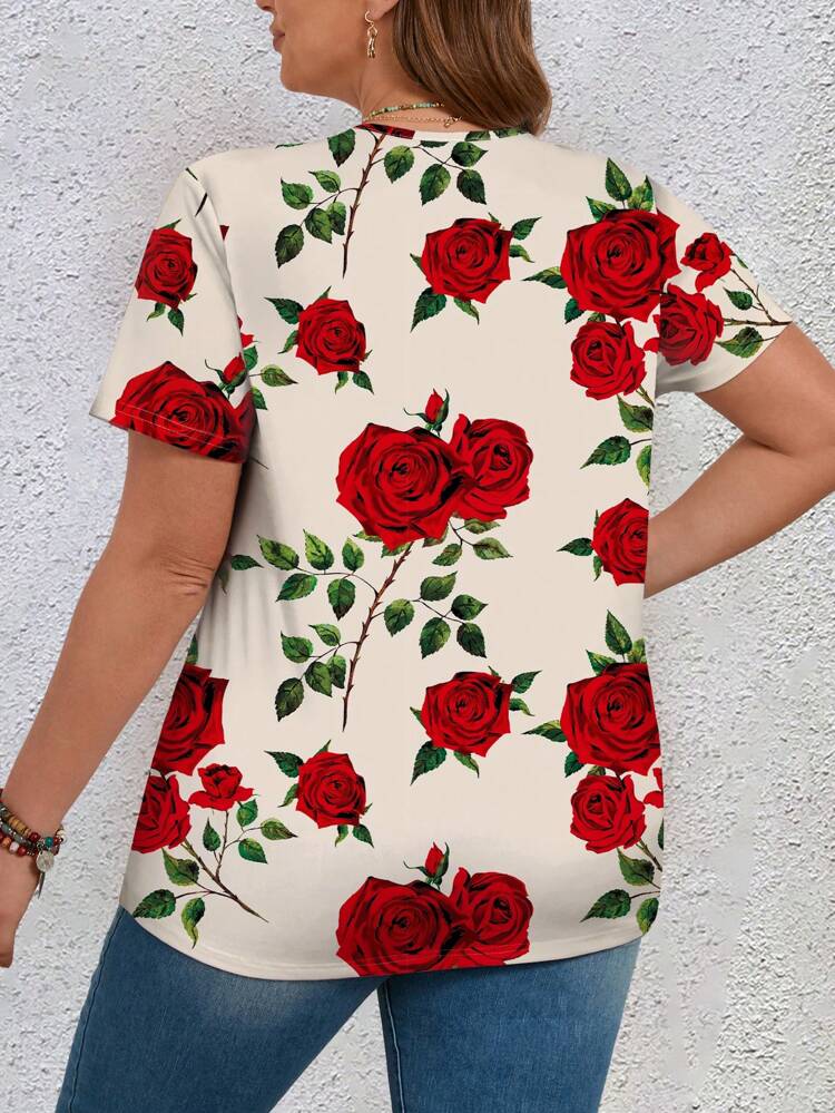 Maglietta taglia forte da donna della serie San Valentino con motivo di rose