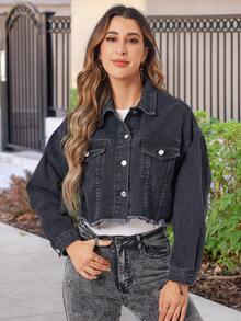 SHEIN LUNE 女款單排釦丹寧外套,帶有前袋 - 黑色 - 查看 4