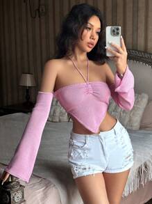 SHEIN Unity 女士长袖露脐吊带针织套头衫秋冬毛衣 - 粉色 - 查看 5