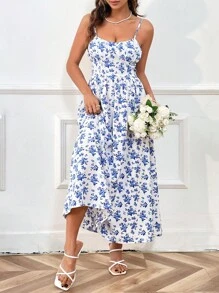 SHEIN WYWH Women'S Floral Print Spaghetti Strap Dress - Blue and White - View 3