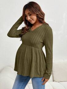 SHEIN Maternity Ribbed Knit Peplum Tee With Long Sleeve - Army Green - View 6