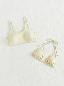 SHEIN Swim Summer Women's Textured Swimwear Top (2pcs/Set) Wedding - Beige - View 4