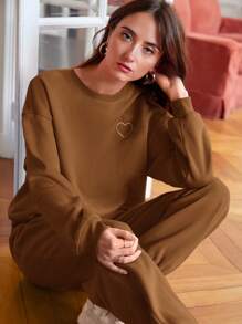 SHEIN Frenchy 女士心形印花下垂肩運動衫和運動長褲套裝 - 棕色 - 查看 2