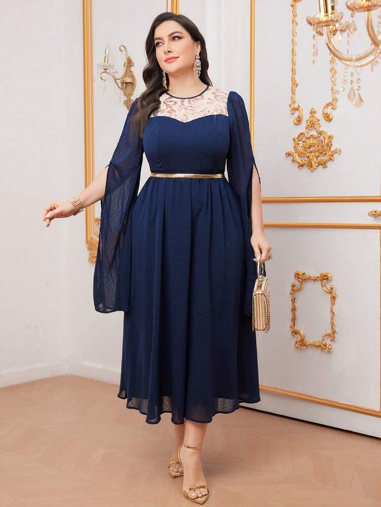 Plus Size Women'S Round Neck Long Sleeve Dress With Sparkly Patchwork And Side Slit Long Evening Dresses