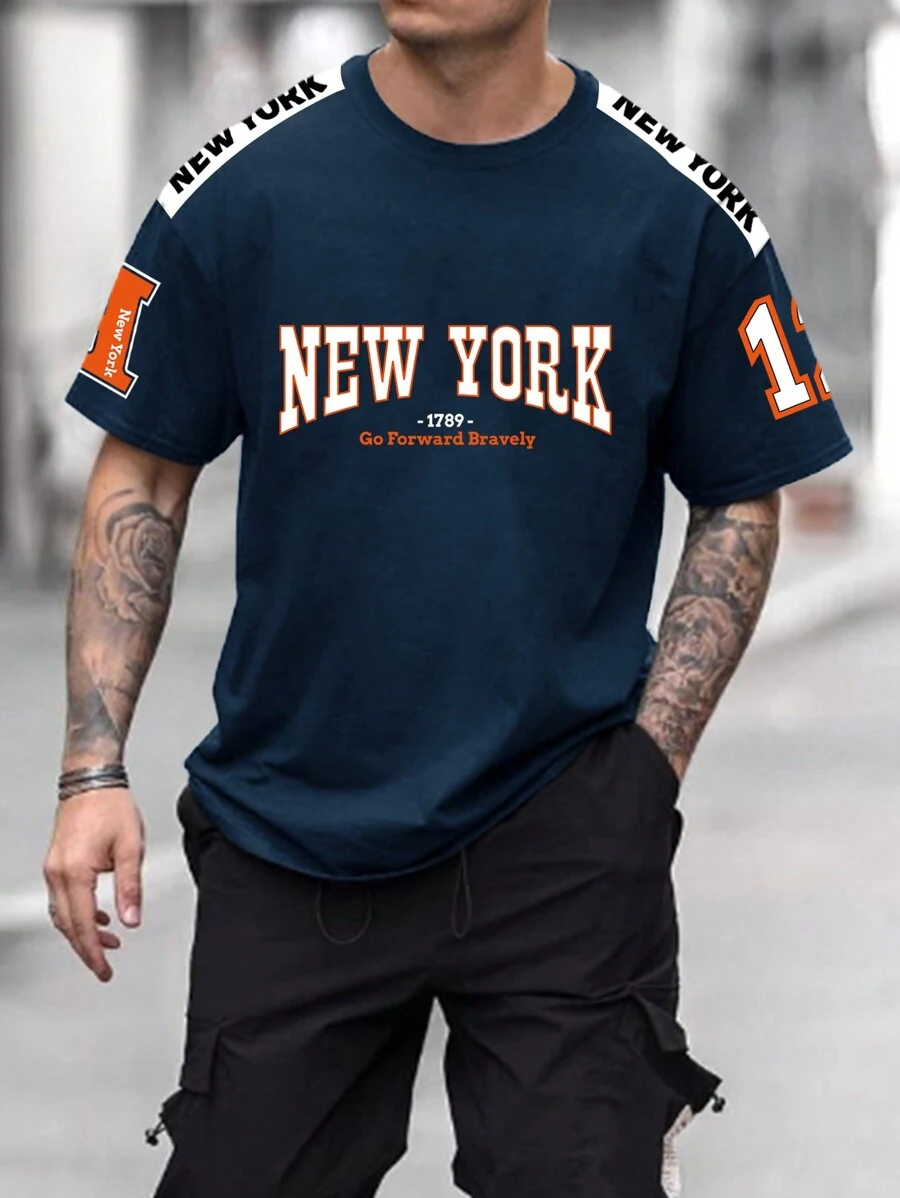 Manfinity Homme Men Letter Printed Short Sleeve Casual T-Shirt, Letter, Boyfriend Gift - Multicolor - View 1