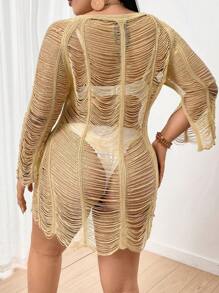 SHEIN Swim Curve Plus Size Hollow Out Fringe Cover Up Summer - Apricot - View 2