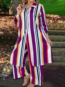 SHEIN LUNE Plus Striped Print Shirt & Wide Leg Pants - Multicolor - View 4