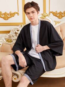 SHEIN 青少年男孩鑽石圖案編織上衣和短褲套裝 - 黑色 - 查看 6