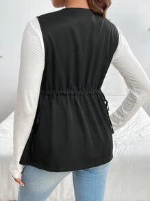 SHEIN Maternity Sleeveless Jacket With Drawstring Waist And Double-Breasted Design - Black - View 3