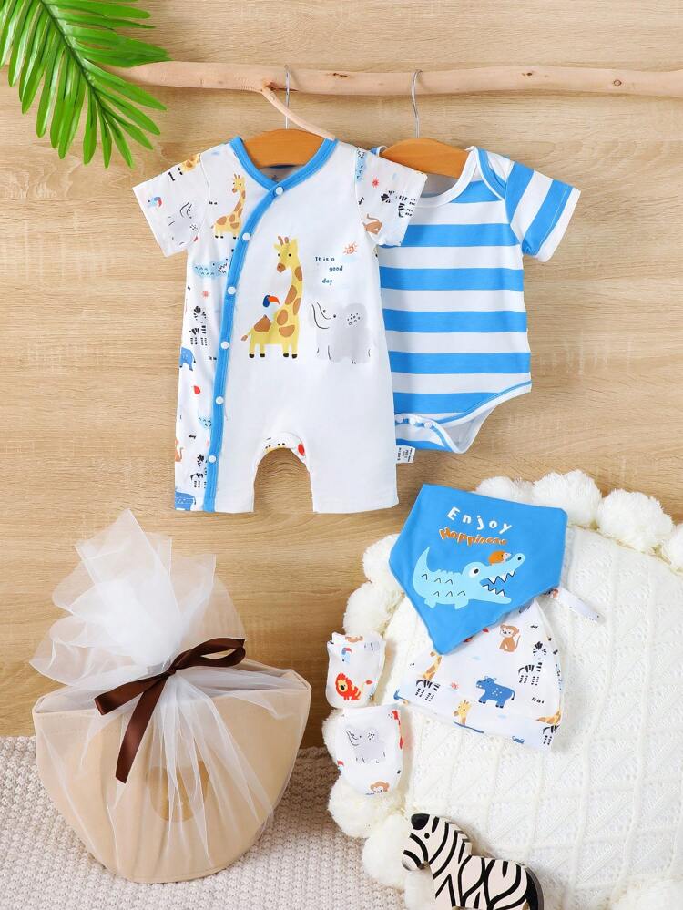 Newborn Baby Boys' Summer Animal Print Romper + Striped Bodysuit + Hat + Bib Set
