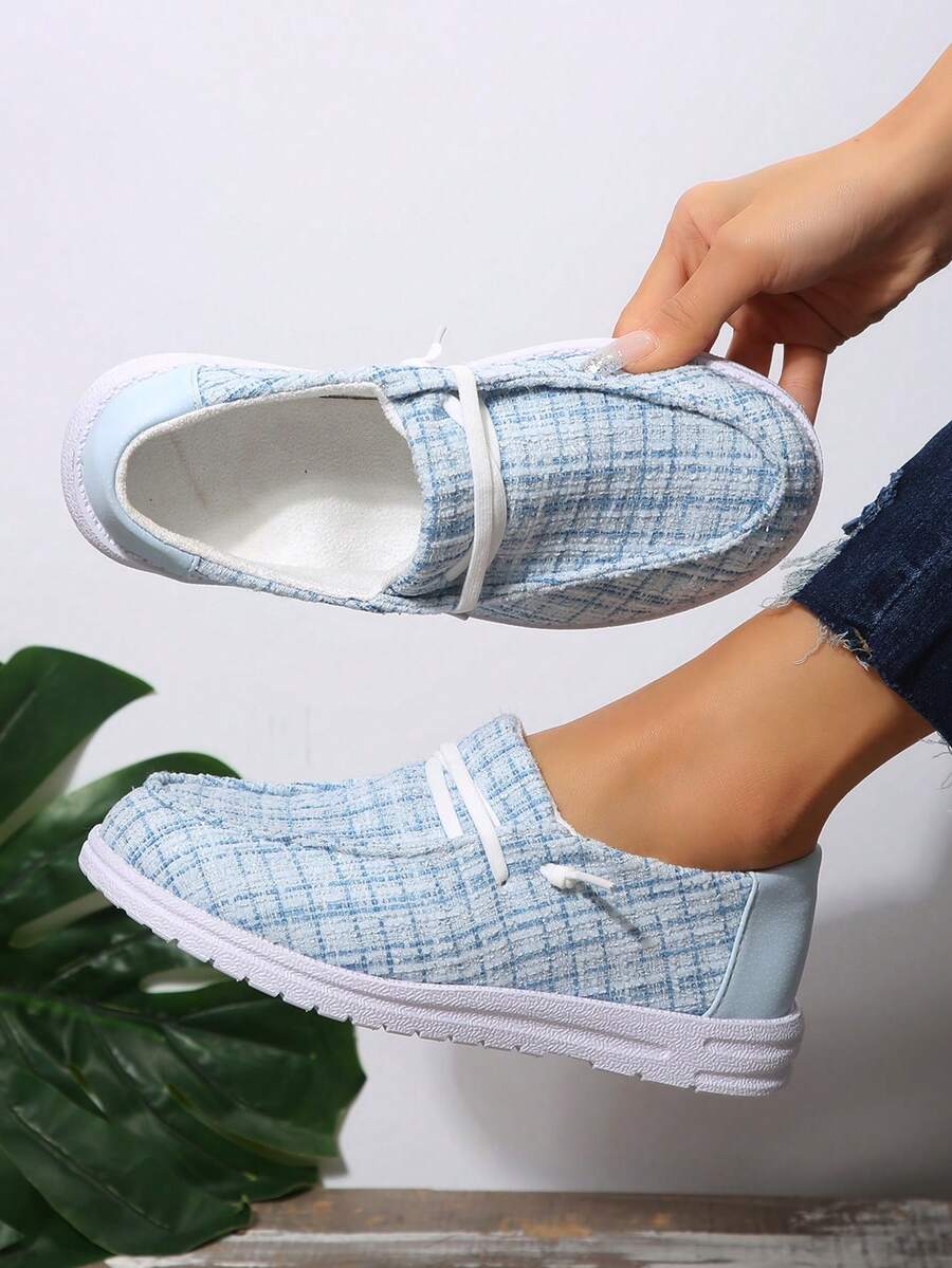 女士加大碼圓頭加厚平底鞋,鞋面綁帶設計,秋冬新品,歐美風格 - 藍色 - 查看 1