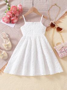SHEIN Genkimix Kids 少女款紋理面料細肩帶裙,蝴蝶結裝飾 - 白色 - 查看 2