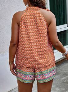 SHEIN Holidaya Plus Size Random Printed Halter Top And Shorts Two Piece Set - Coral Orange - View 2