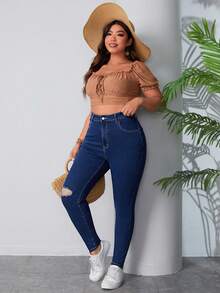 SHEIN EZwear 大碼撕破款修身牛仔褲 - 藍色 - 查看 6