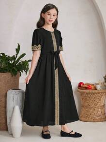 SHEIN Tween Girls' Elegant Gorgeous Party Dress With Color Blocking And Lace Decoration