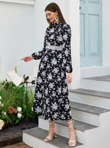 Seusyu Women's Floral Printed Stand Collar Long Sleeve Dress - Multicolor - View 7