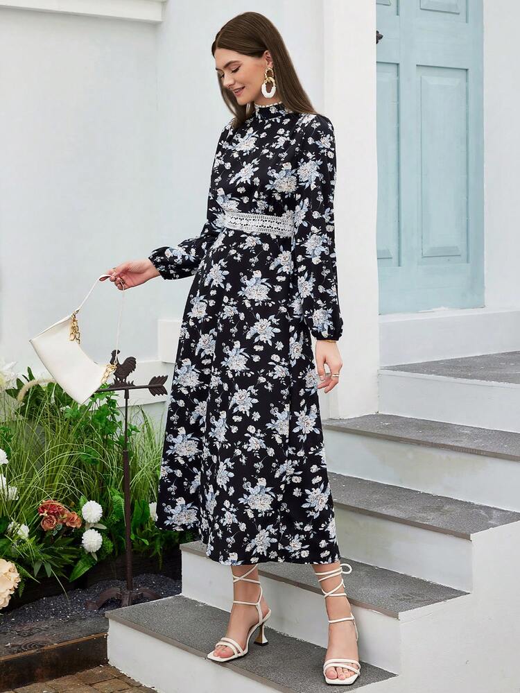 Women's Floral Printed Stand Collar Long Sleeve Dress