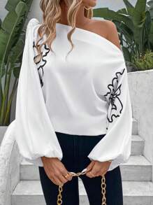 SHEIN LUNE Women's Asymmetrical Neckline Lantern Sleeve Blouse One Shoulder Top Fall Cloth For Women - White - View 3