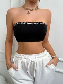 Women's Letter Printed Bandeau Bra - Black - View 1