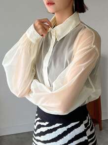 FRIFUL Women'S See-Through Drop Shoulder Shirt Sheer,Fall Women Clothes Long Sleeve Top - Beige - View 5