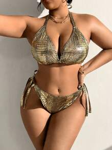 SHEIN Swim Curve Bộ Bikini Cổ Tròn Họa Tiết Cá Sấu Plus Size Đi Biển Mùa Hè - Vàng - Xem 2