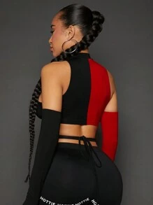 SHEIN SXY 女士黑色和紅色對比色空心短上衣,附袖子束帶 - 紅色和黑色 - 查看 1
