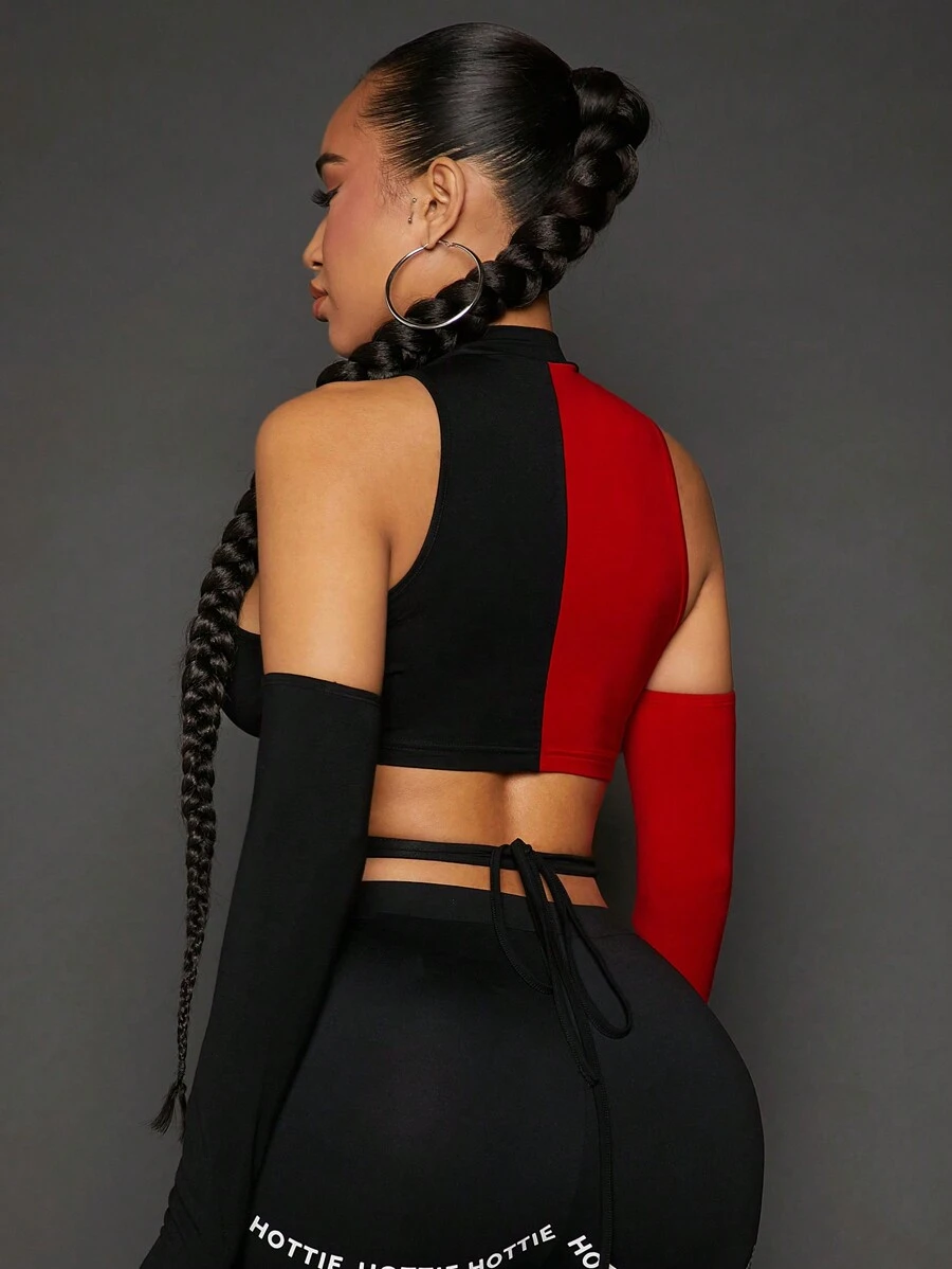 SHEIN SXY 女士黑色和紅色對比色空心短上衣,附袖子束帶 - 紅色和黑色 - 查看 1