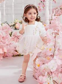 Baby Girl Elegant White Floral Mesh Bodysuit For Spring/Summer - White - View 6