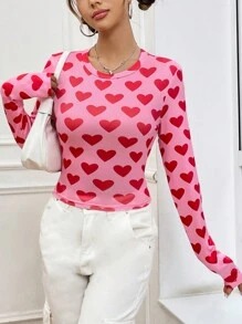 SHEIN Unity 女款心形圖案印花修身 T 卹 - 黑色 - 查看 1