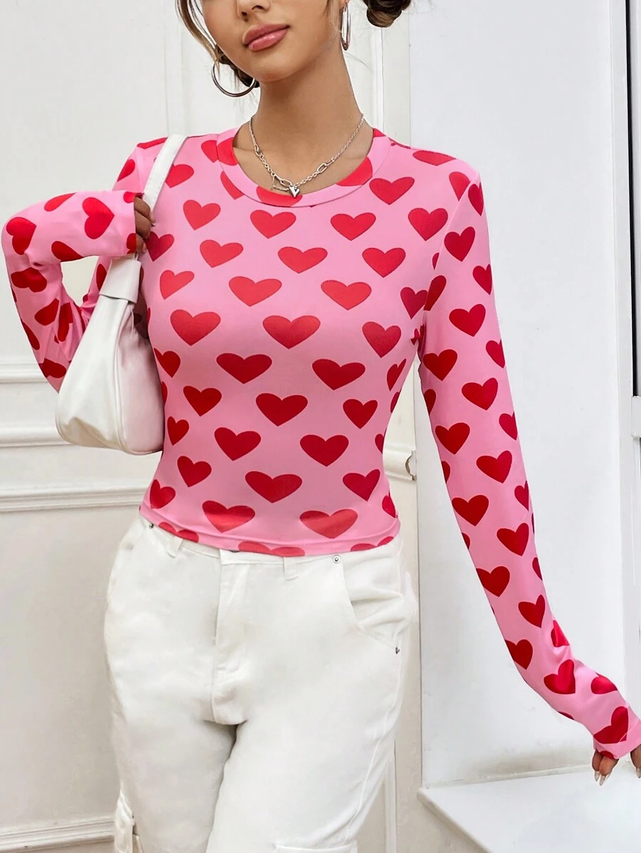 SHEIN Unity 女款心形圖案印花修身 T 卹 - 黑色 - 查看 1