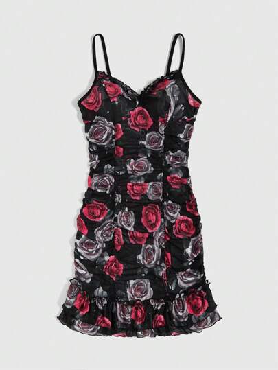 Goth Women'S Rose Print Mesh Ruffle Cami Sleepwear Dress