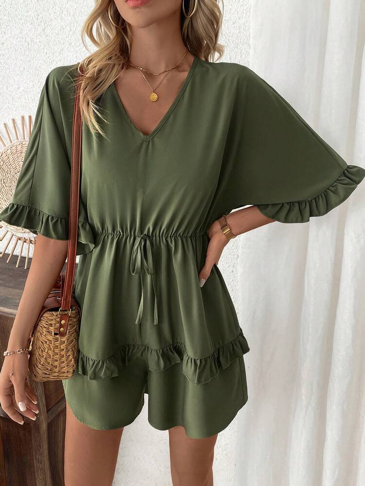 Solid Color Ruffle Trim Romper