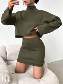 SHEIN Cottnline Turtleneck Ribbed Stripe Knit Long Sleeve Top + Mini Skirt Two Piece Set - Black - View 5