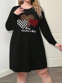 SHEIN LUNE 加大碼心形及標語圖案圓領長袖連衣裙,適用於情人節、休閒場合 - 黑色 - 查看 3