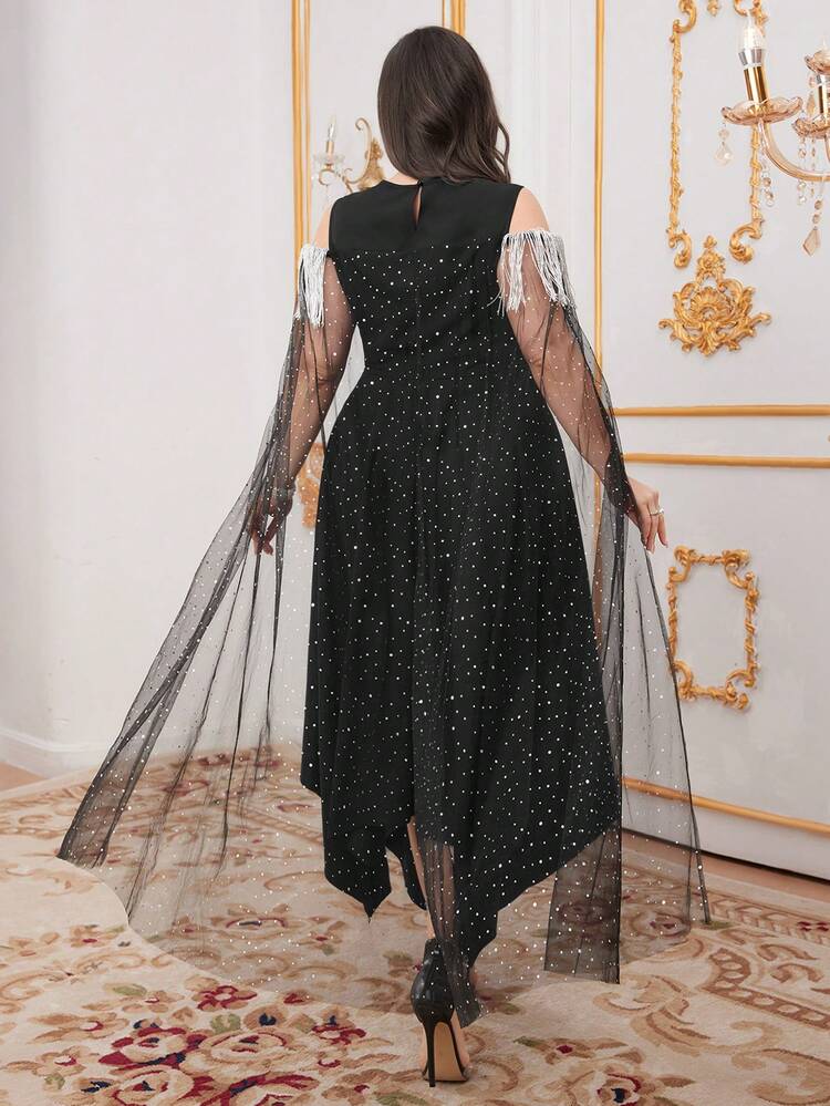 Plus Size Women's Off Shoulder Patchwork Tassel Dress Long Evening Dresses