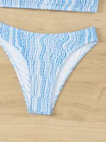 SHEIN Swim 女士花卉印花飘逸细肩带比基尼套装夏季海滩 - 藍白色 - 查看 6