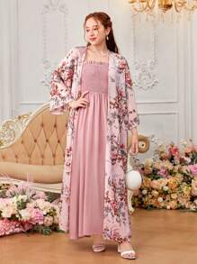 SHEIN Teen Girls' Woven Floral Open Front Jacket And Solid Color Shirred Cami Dress Set - Pink - View 1